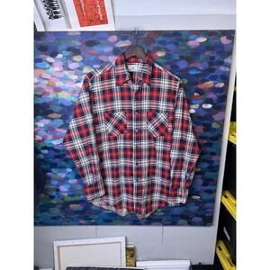 Vintage Higbees Plaid Flannel Shirt Red Navy Blue Long Sleeve L distressed
